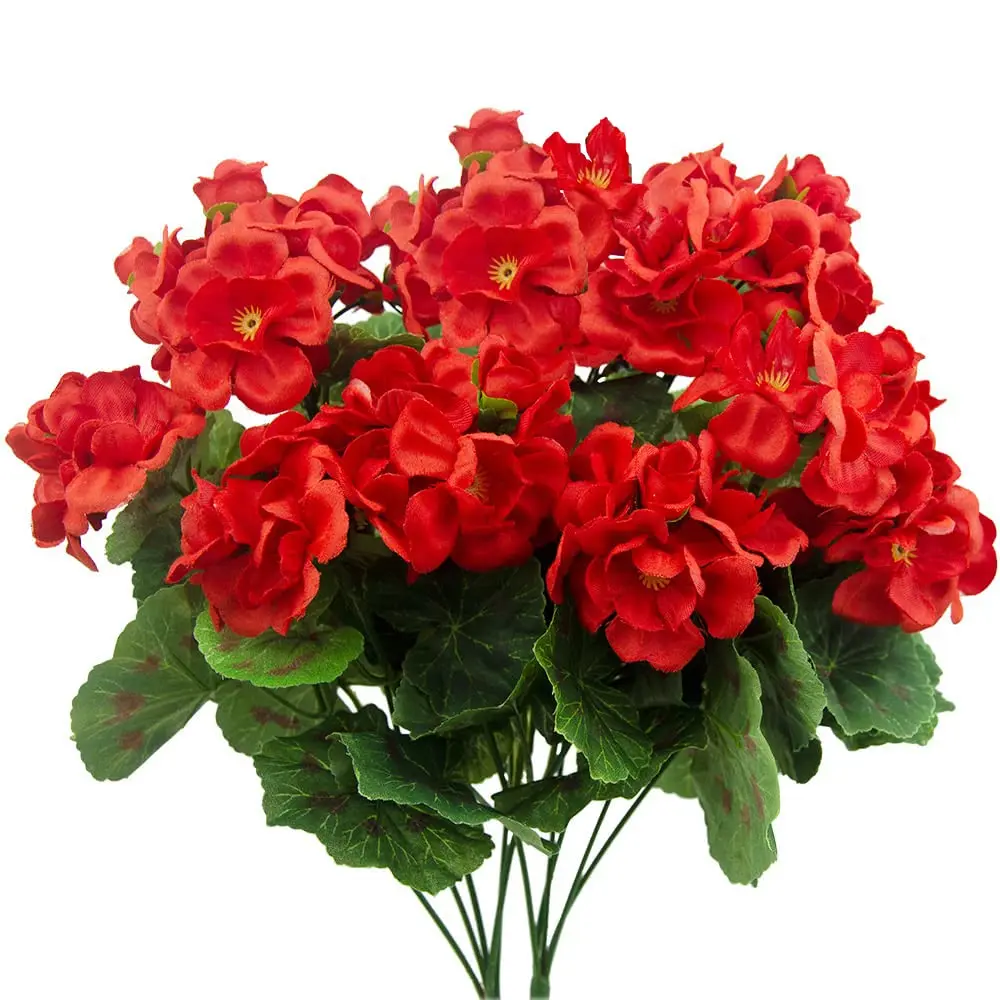 Flores de geranio artificiales resistentes a los rayos UV, geranios falsos rojos, flores de imitación para macetero, jardín al aire libre, decoración de mesa de Patio