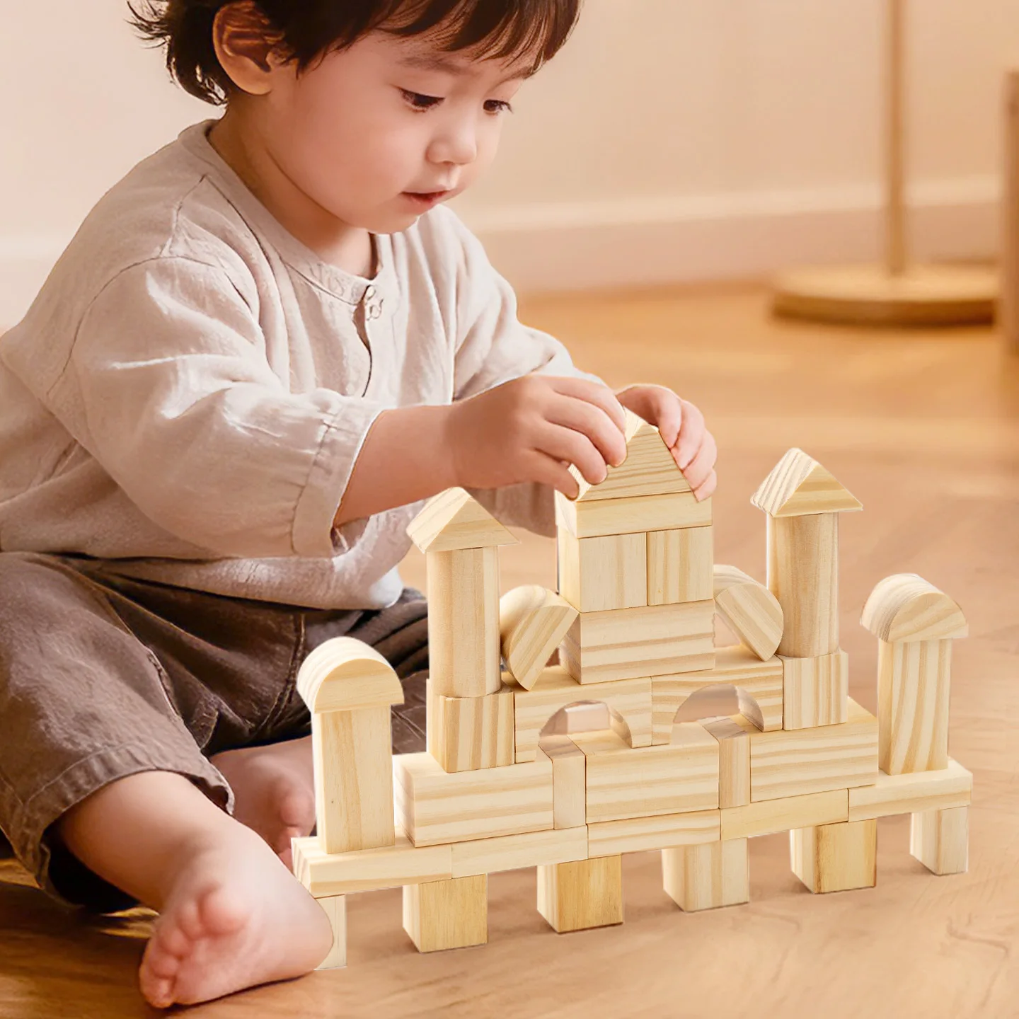 Unlimited Creative Building! Natural Wood Unpainted Large Block Set, 108 Pieces Assorted Shapes, Open-Ended Play Inspires