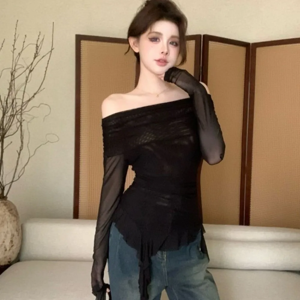 ストリートウェア クラゲ メッシュ ベルト Tシャツ 韓国 Y2K インス オフショルダー カラー スリムフィット クロップトップス イレギュラー エルフ 長袖