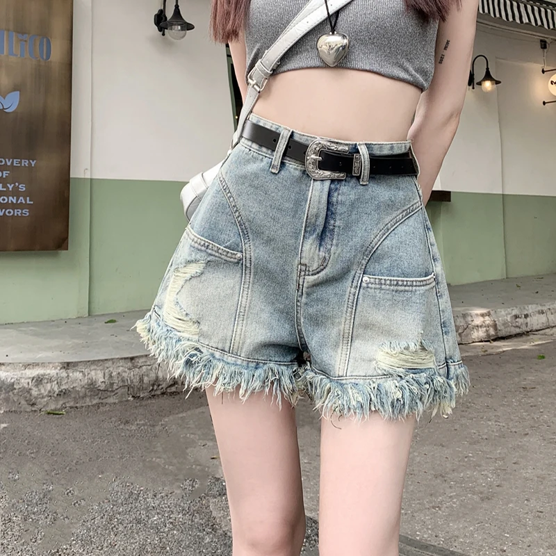 

Retro American Hot Girl Hole Fringe Tassel Denim Shorts Women Summer High Waist A-Line Hot Pants Commute Style Blue Color