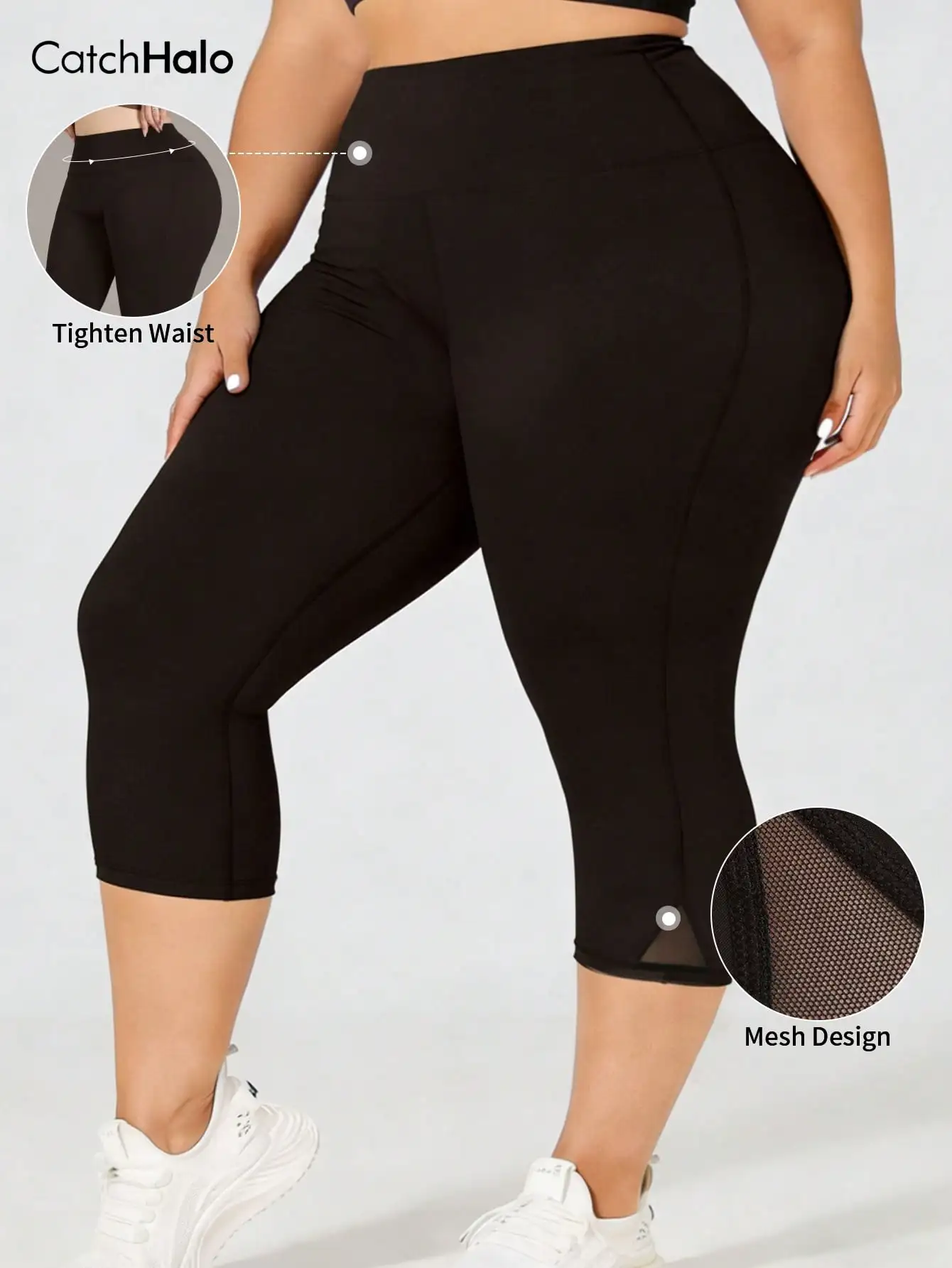 Plus Size Gym Leggings Women Mesh Yoga Pants High Waist Capri Workout Tights Side Slit Running Fitness Cropped Pants view 5