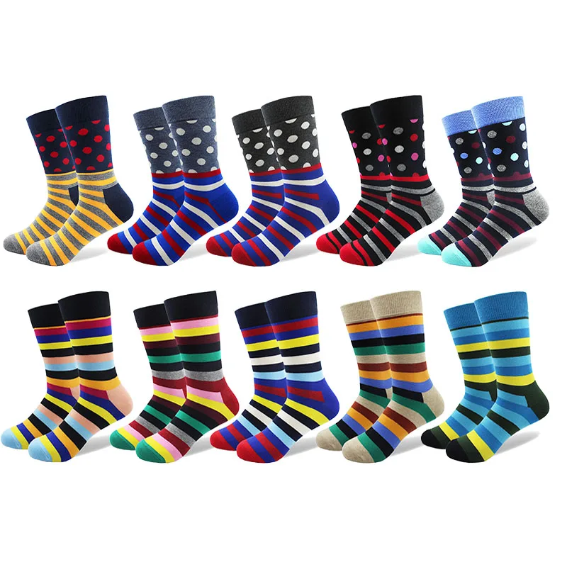 10 Pairs/Lot Men\'s Funny Colorful Combed Cotton Happy Socks Multi Pattern Animal Stripe Cartoon Dot Novelty Skateboard Art Socks