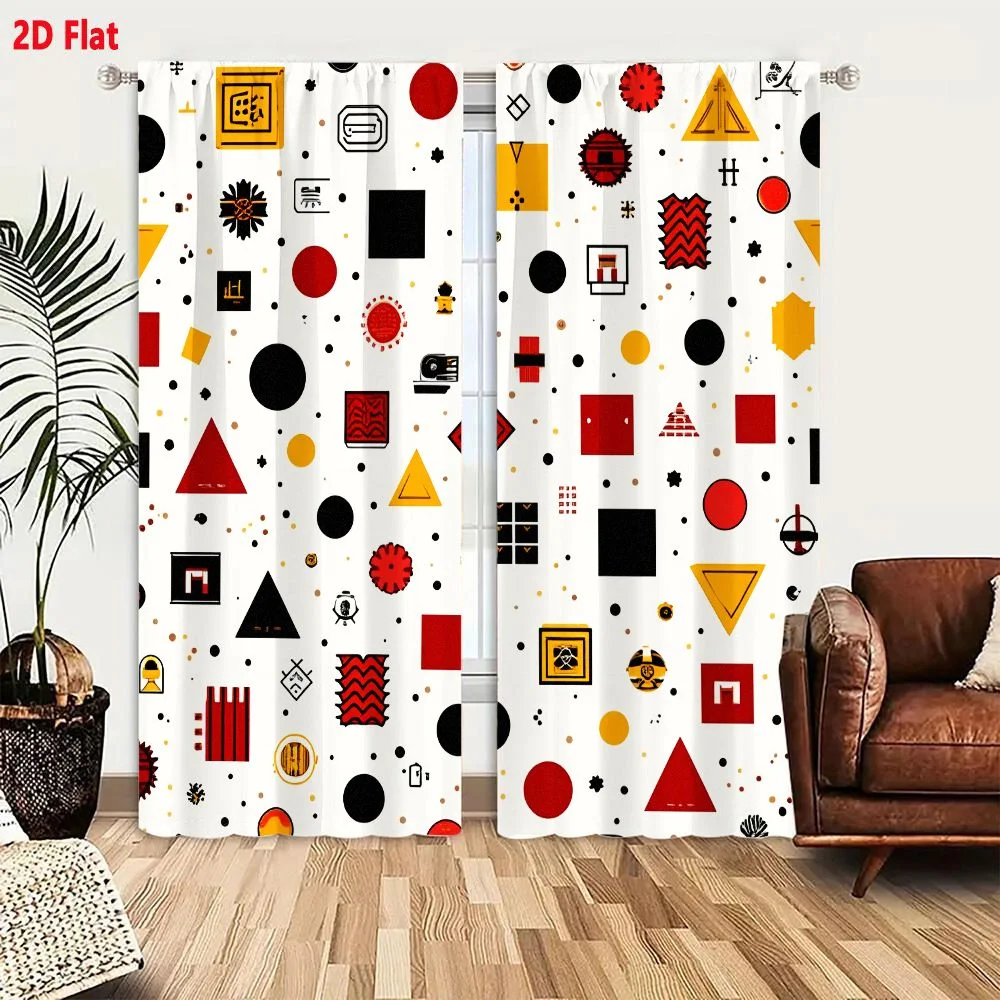 2Pcs Curtains 2D Flat Geometric Abstract Pattern With Red Yellow Black And Gold Shapes On White Background Window Drapes for Bed
