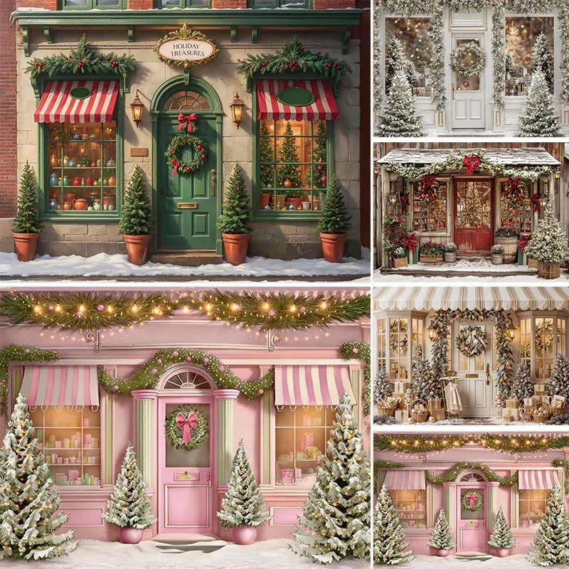 LS Christmas Gifts Shop Backdrop Photography Gingerbread Candy Cane Bakehouse Store Front Background Winter Family Photo