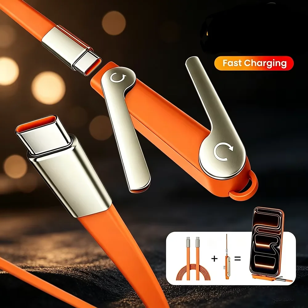 2-in-1 USB C Fast Charging Phone Cable with Foldable Phone Holder Stand PD USB C Detachable Data Cord for iPhone Samsung Xiaomi