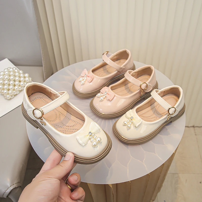 Kids Lolita Mary Jane Shoes Princess Sweet Bow Girls Leather Shoes Thick Bottom Wedding Party Children Dress Shoes Pink Beige