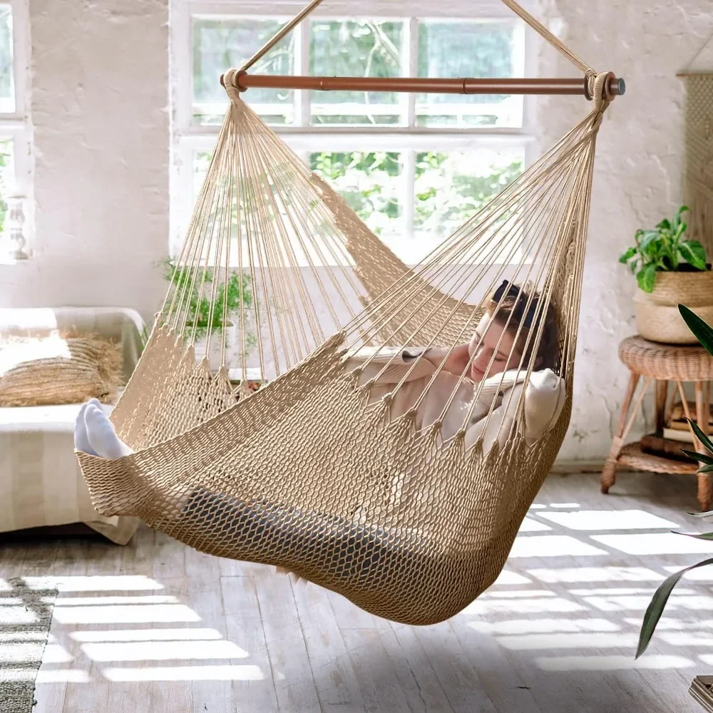 

Upgraded Caribbean Hammock Chair with Detachable Metal Bar, XL Rope Hanging Chair for Outdoor Indoor, 330 LBS Weight Capacity