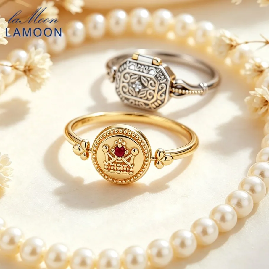 LAMOON Flip Crown Round Ring Retro Natural Ruby Double sided Women Ring 925 Sterling Silver Gold Plated Fine Jewelry Accessories