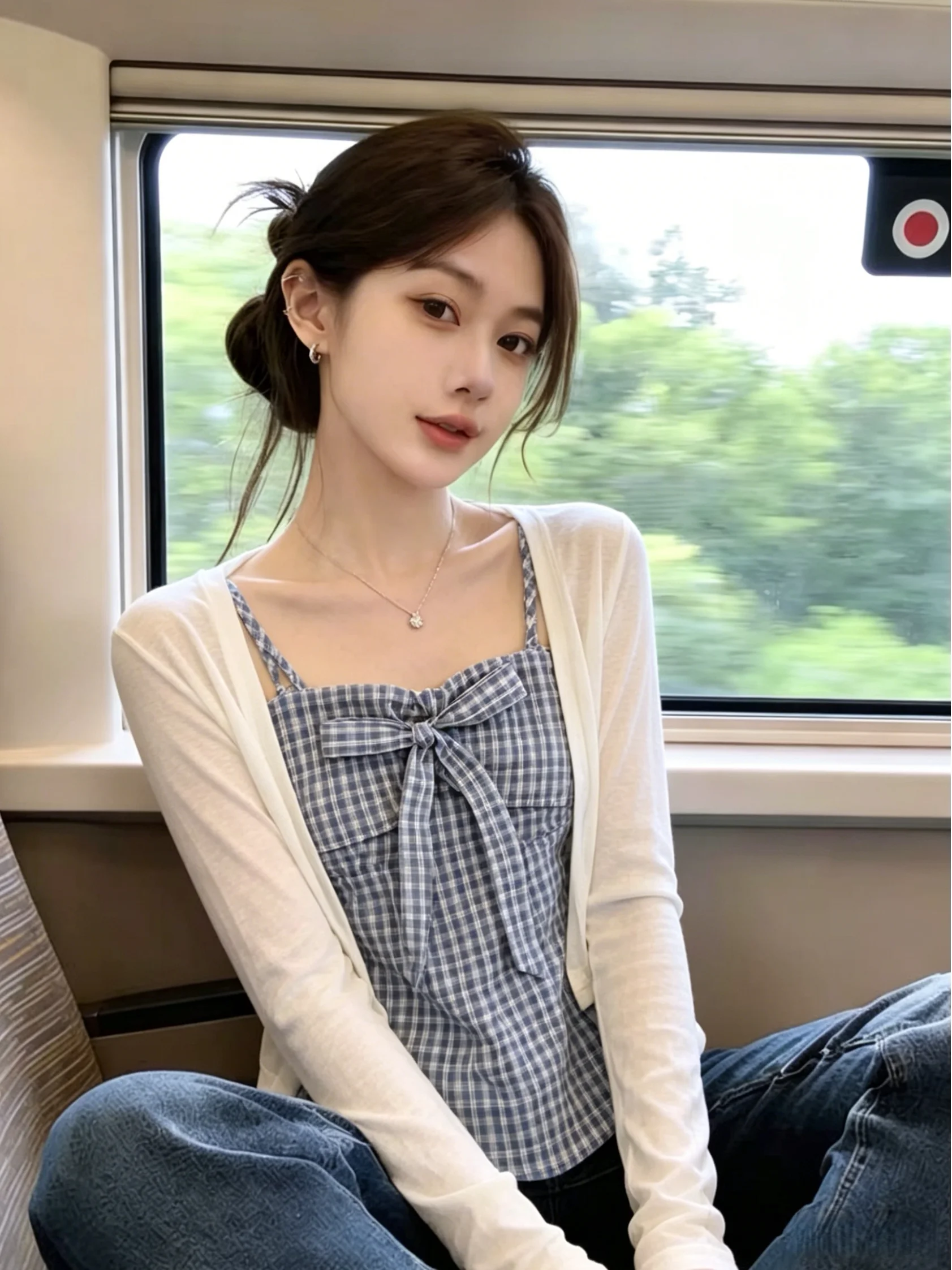

Summer New Style Women's Plaid Knot Small Strap Vest Long Sleeve Sun Protection Cardigan Two-Piece Set Commute Kore...