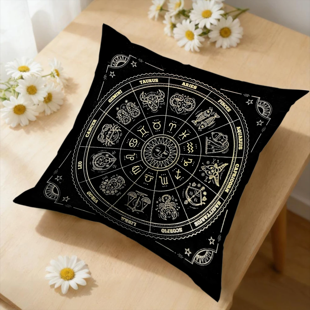 1Pc Black Zodiac Sign Astrology Wheel Print Cushion Cover Soft Fabric Removable Washable For Sofa Bed