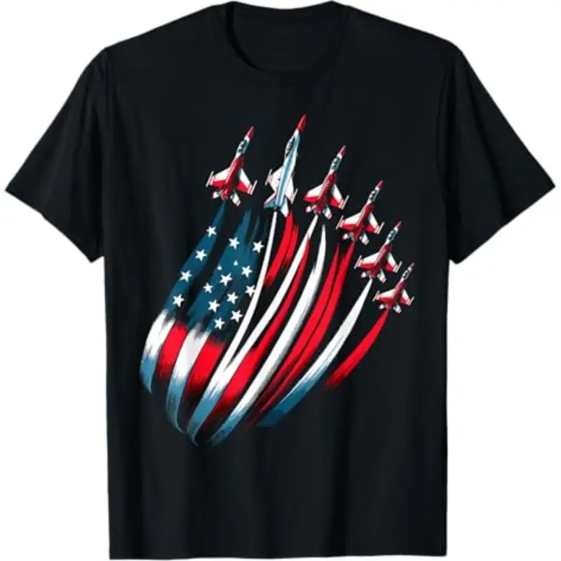 

USA Flag Fighter Jet T-Shirt Patriotic Military Aviation Graphic Tee, American Pride Casual Top, Unique Veteran Pilot Gift