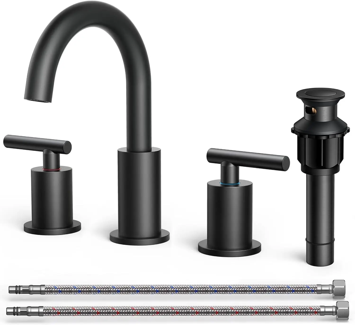

Matte Black Bathroom Faucet 3 Hole, 8 Inch Widespread with Swivel Spout, Pop-up Drain, Fits 6-12 Inch Vanity Sink