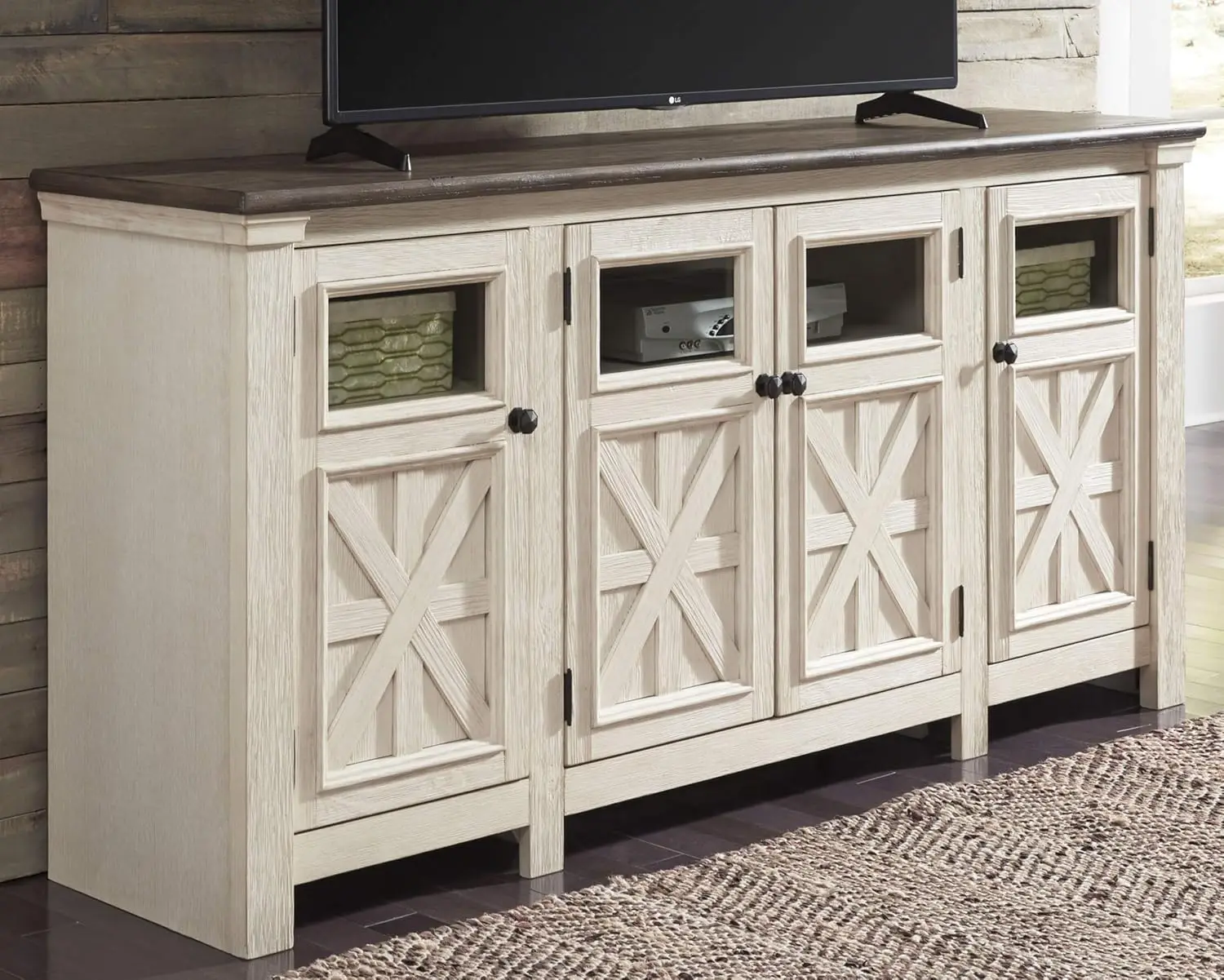 Two Tone Farmhouse TV Stand, Fits TVs up to 72