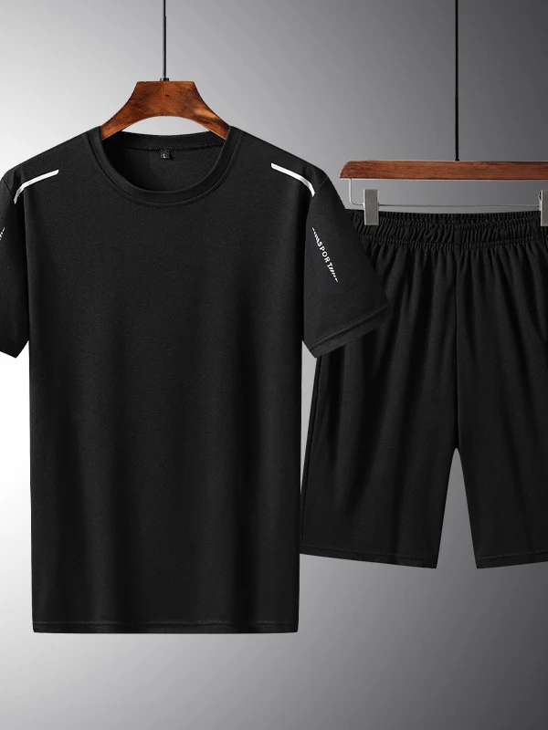 

Летний повседневный спортивный комплект для мужчин: модный корейский стиль, приталенный крой, шорты, двухсоставный комплект из полиэстера для подростков