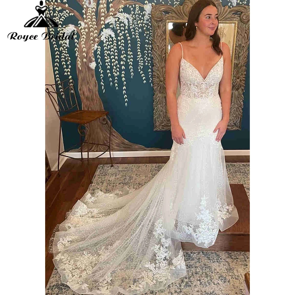 

Plus Size Mermaid Wedding Dress V-Neck Tulle Bridal Gown Lace Bridal Dress Glitter Spaghetti Strap robe de mariage sirene