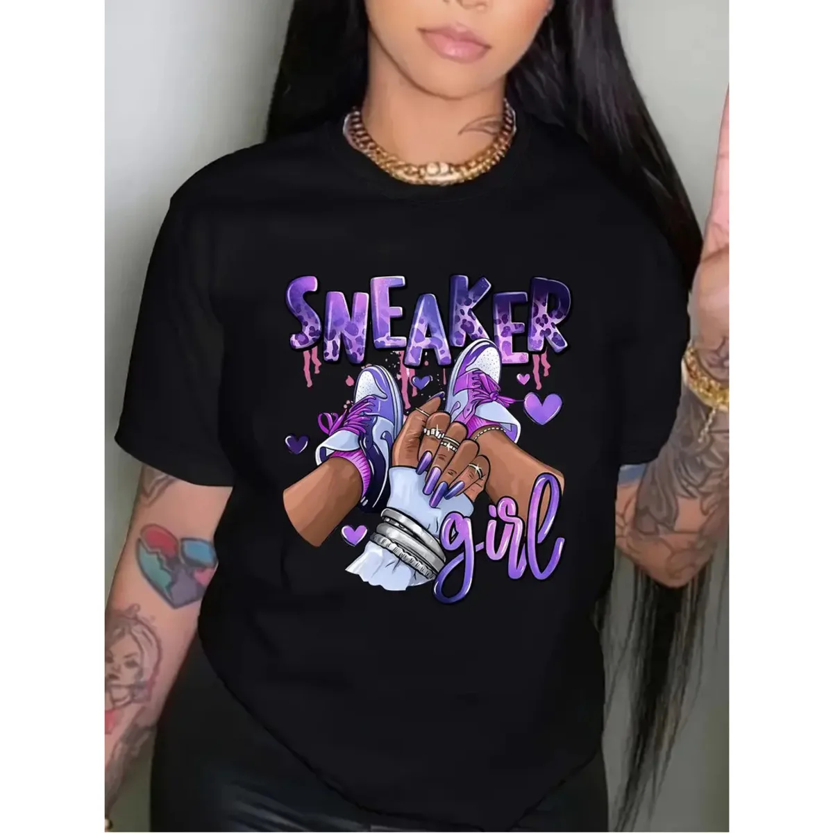 

Sneaker Girl Graphic Print T-Shirt Short Sleeve Crew Neck Casual Top For Spring & Summer Women's Clothing casual basics O-collar