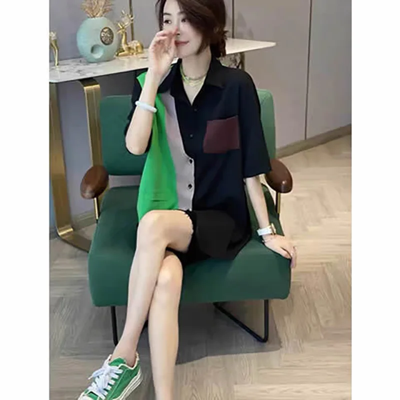 Fashion Lapel Spliced Pockets Asymmetrical Shirt Women\'s Clothing 2023 Summer Oversized Casual Half Sleeve Tops Korean Blouse