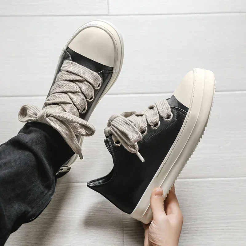 Korean Casual Sneakers Shoes Men Low Top Black Leather Big Jumbo Lace Up Thick Sole Ro Women Flats Luxury Skateboard Sneakers