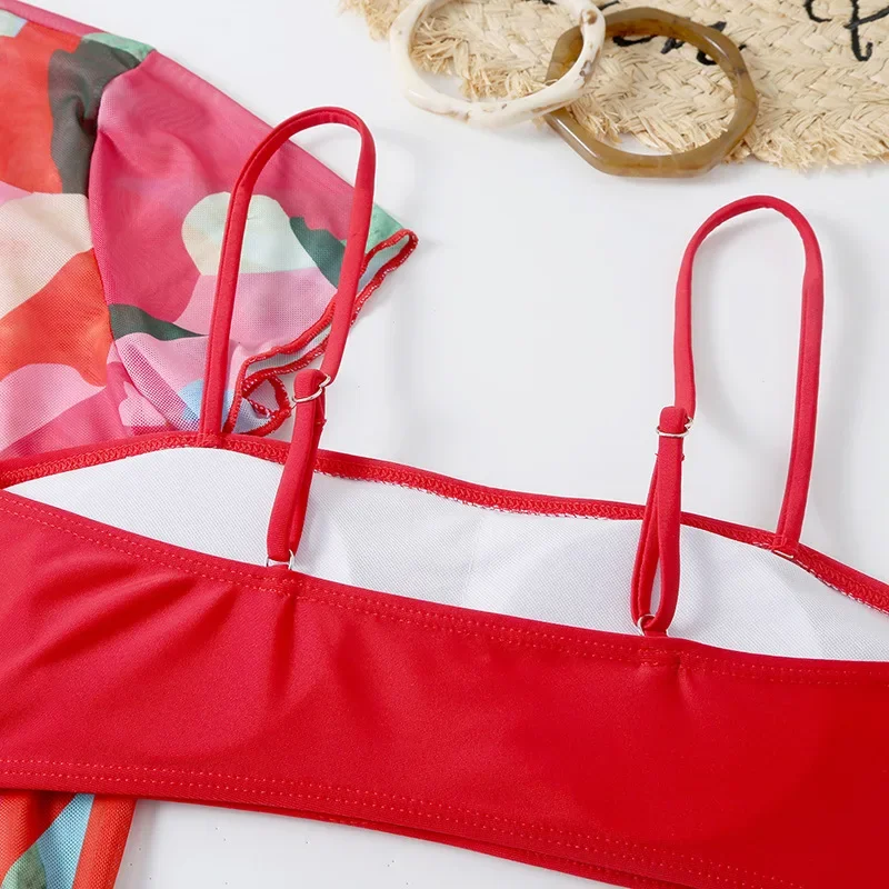 Maillot de bain 3 pièces imprimé rouge pour femmes, Cover-up conservateur, ensemble deux pièces, bretelles, dos nu, vêtements de plage, nouvelle collection été 2025
