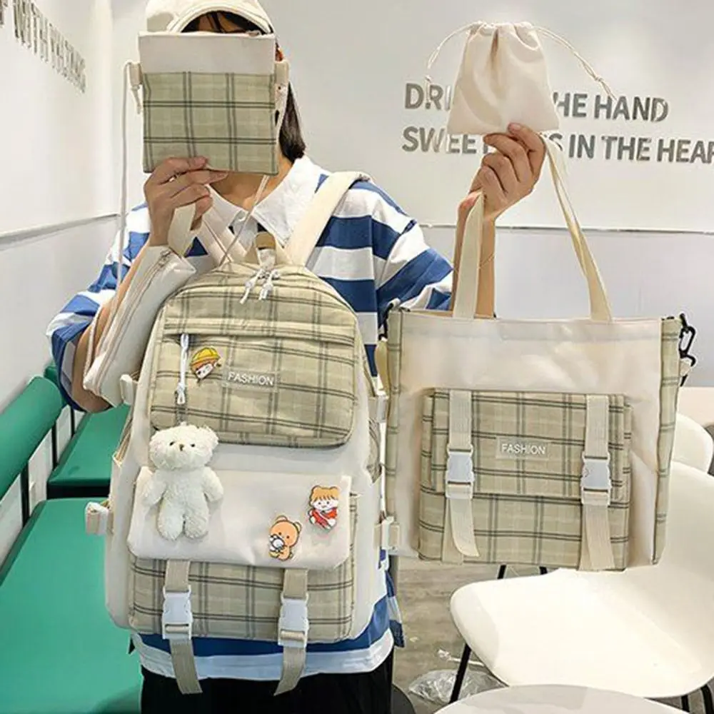 5Pcs/Set Large Capacity Cute Plaid Backpack Korean Style Adjustable Straps Cartoon Shoulder Bag Durable Commute