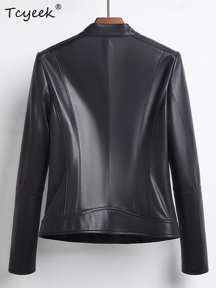Tcyeek 양피 여성 가죽 자켓 봄 가을 스탠드 업 칼라 긴 소매 검정색 짧은 오토바이 자켓 Chaqueta Cuero