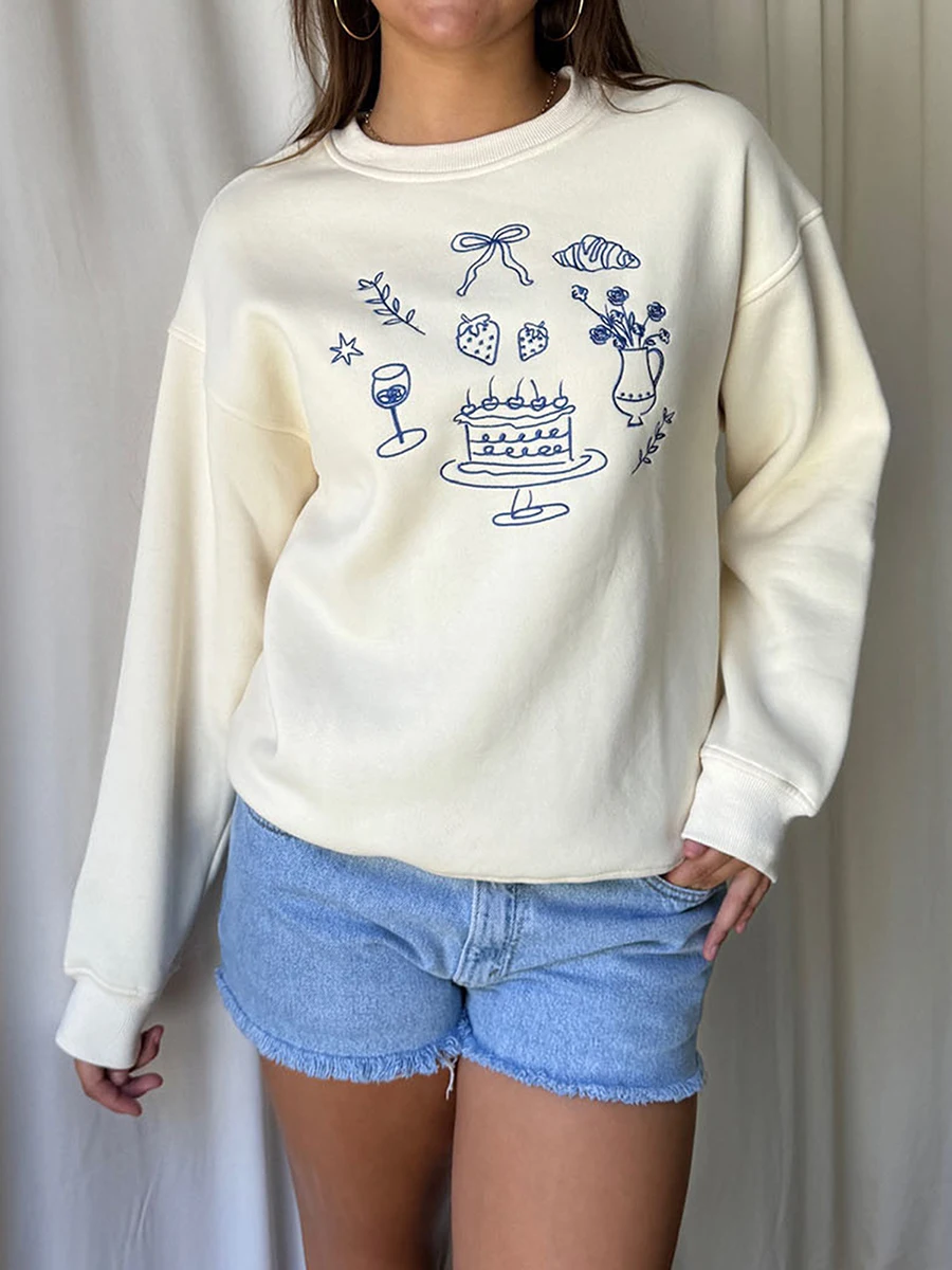 Women’s Casual Sweatshirts Long Sleeve Crew Neck Cake Embroidery Pullovers Loose Tops