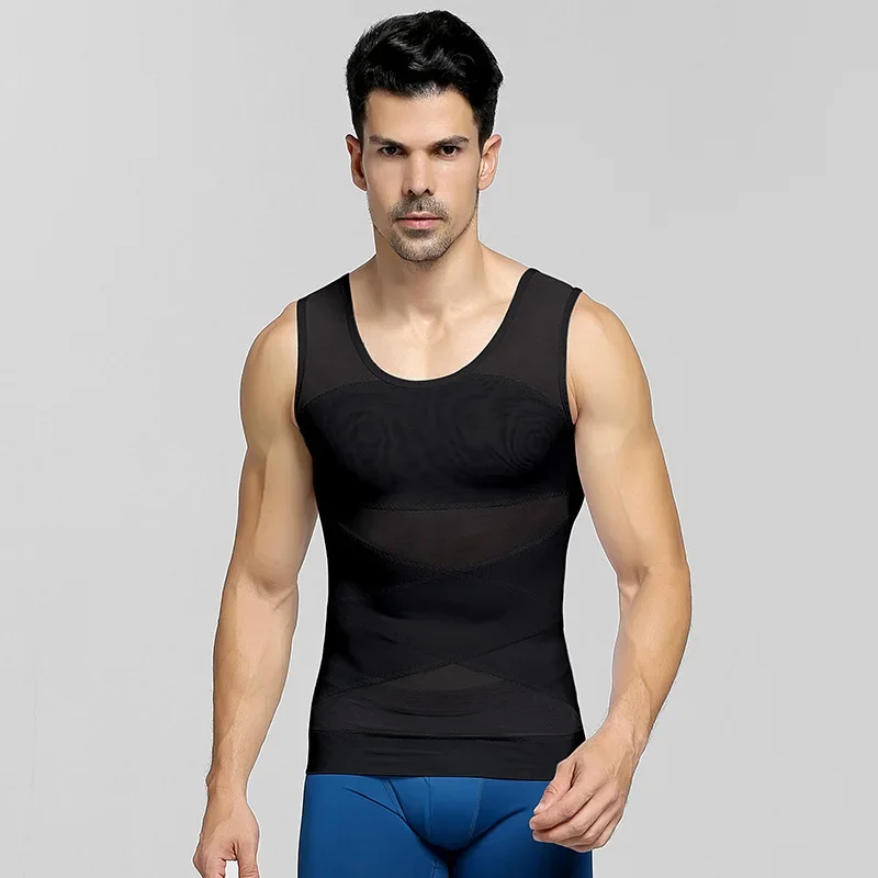 Chaleco de compresión de pecho para hombres, moldeador de cuerpo de ginecomastia, Corrector de postura sin mangas, Control de cintura adelgazante, recortador de barriga, Tops de malla