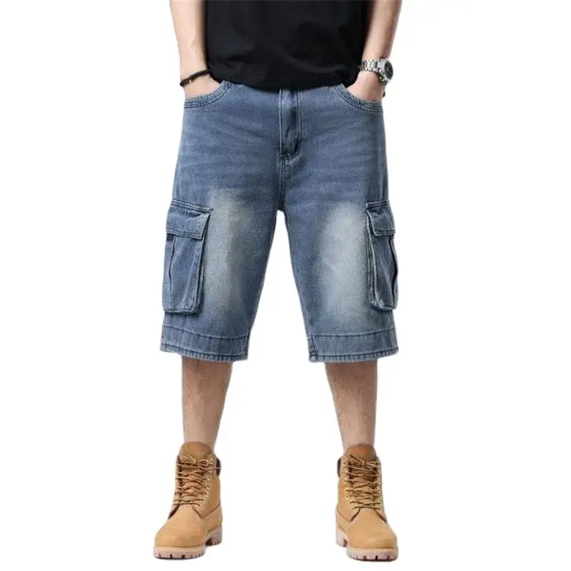 Plus Size 46 Light Blue Cargo Jeans Tide Men Cropped Trousers Summer HipHop Board Short Loose Bottoms Male Denim Pants