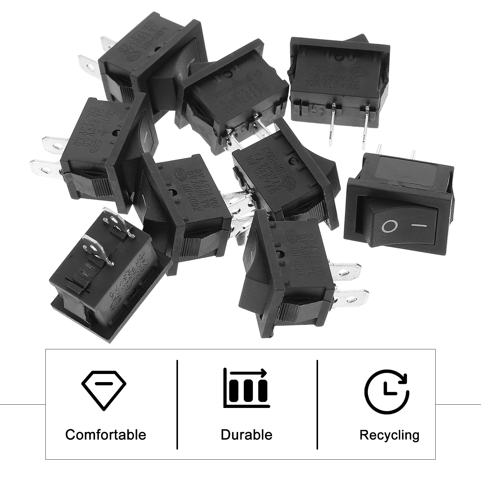 

10pcs 2Pin Boat Rocker Switch Black Push Button Toggle For Led Strips Bulbs Student Project Insulated Safe 2.1X1.5X1.5Cm Mini