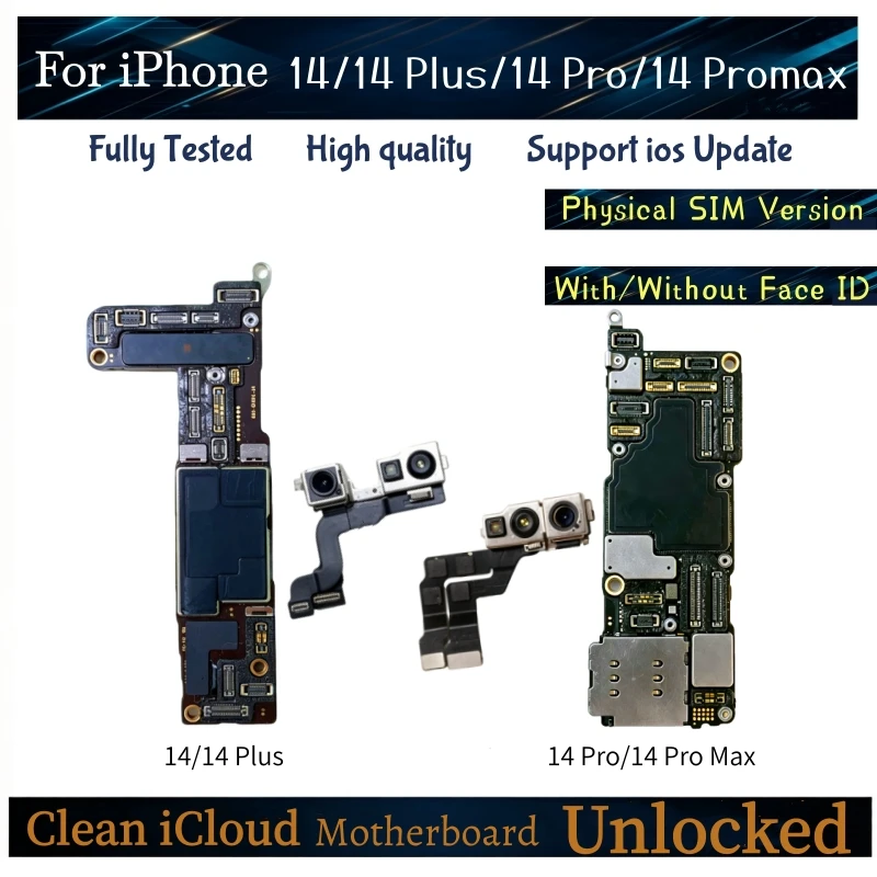 SIM Version Mainboard For iPhone 14 Pro Max 14 Plus Unlocked Motherboard With/NO Face ID NO ICloud Support Update Logic Board