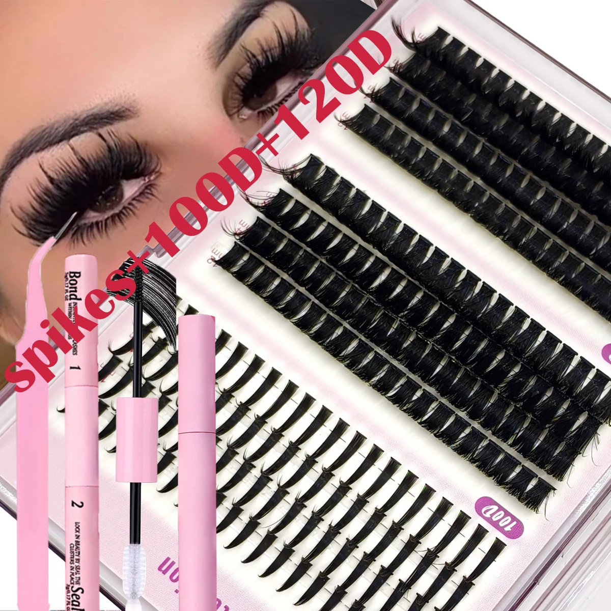 HBZGTLAD 12rows DIY Lash Extension Kit D Curl Spikes100120D12-18MM with black Waterproof Lash Bond and Seal Waterproof Tweezers