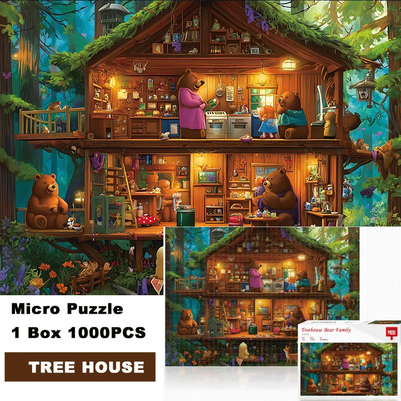

Mini Gray Cardboard Treehouse Jigsaw Puzzle, 1 Box 1000-Piece Bear Treehouse Home Design, 38×26cm(15×10in)
