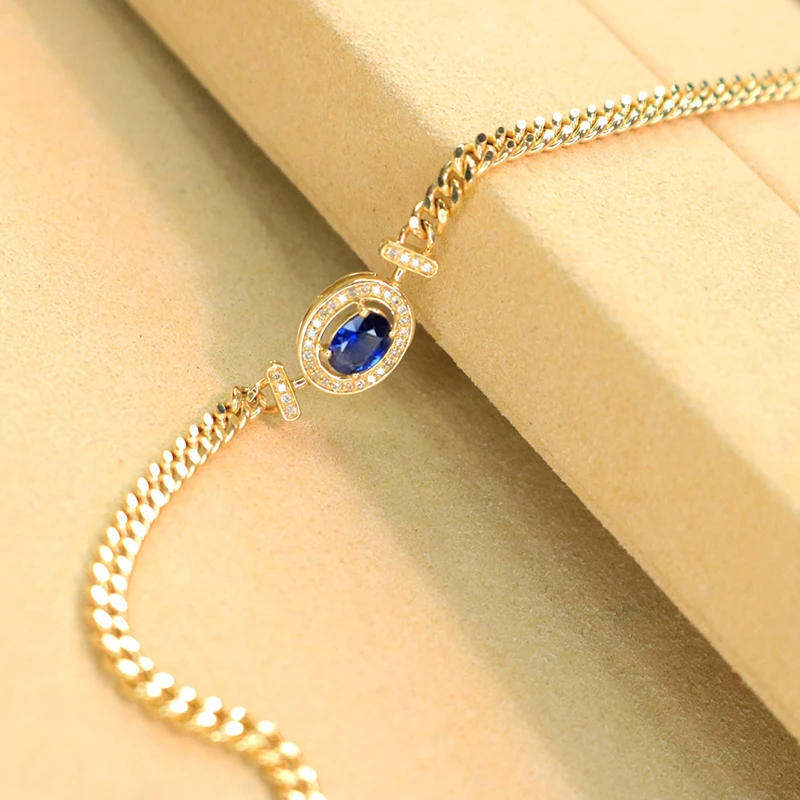 KUGG 100% 18K Yellow Gold Bracelet Vintage Style Shiny Diamond Natural Sapphire Gemstone Bracelet for Women Anniversary Gift