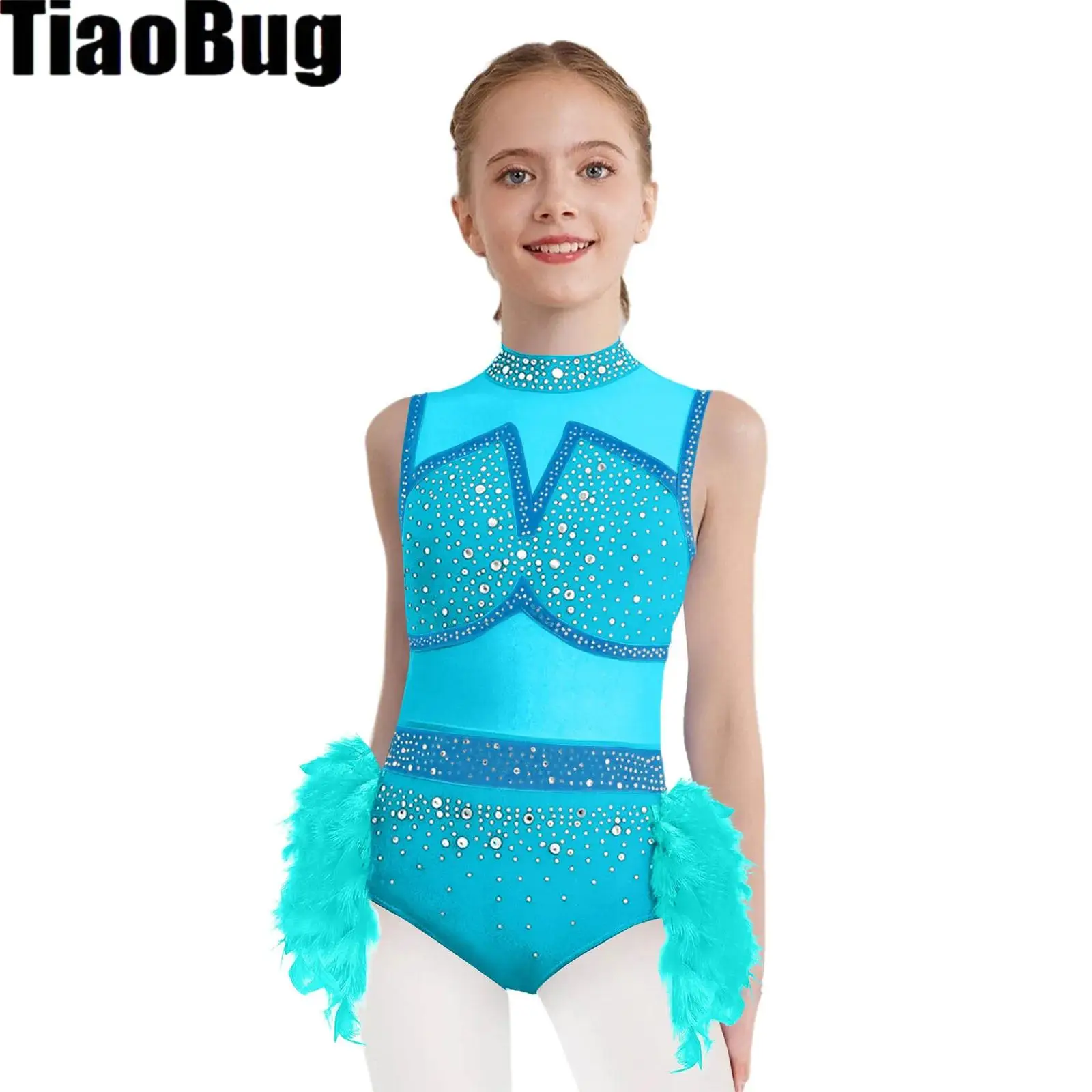 

Girls Sleeveless Rhinestones Ballet Leotard Feather Tutu Skirt Bodysuit Unitard Skating Jazz Latin Dance Performance Costumes