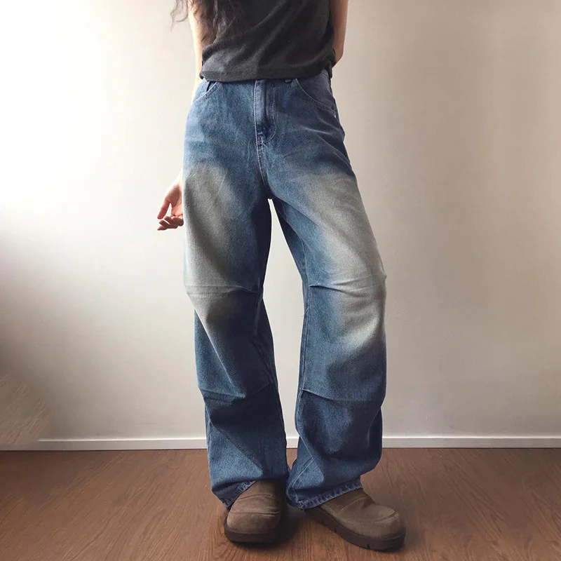 Calça jeans feminina de cintura alta de comprimento total, bolsos de perna larga, casual ajuste solto, zíper de lavagem, dobra voar angustiado, básico