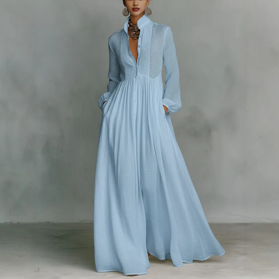 

Elegant Solid color Long Dress Woman Spring High Waist Pockets Pleated Swing Maxi Dresses Evening Party Dress Vacation