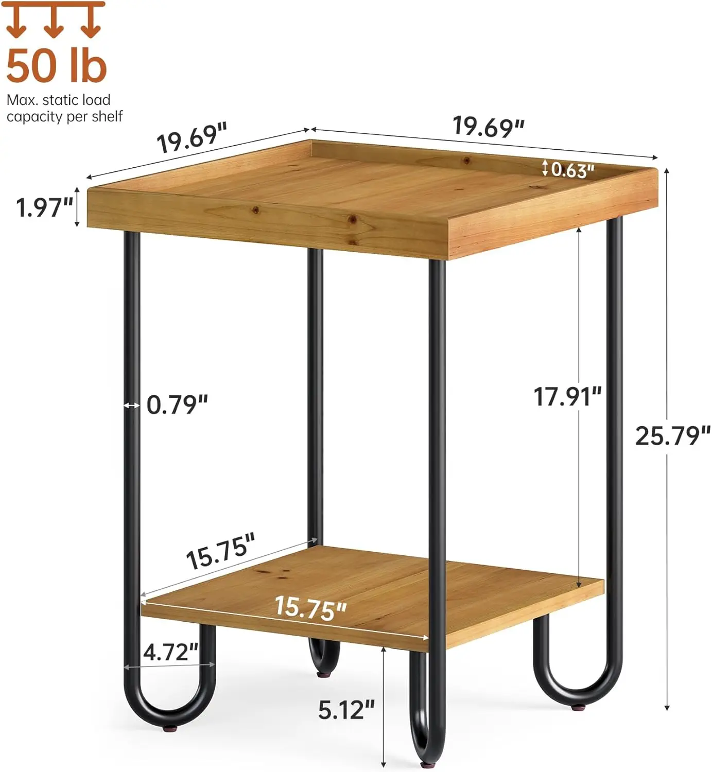 

Solid Wood Square End Table, Sofa Side Table with 2-Tier Storage Shelf for Living Room, Modern Nightstand for Bedroom