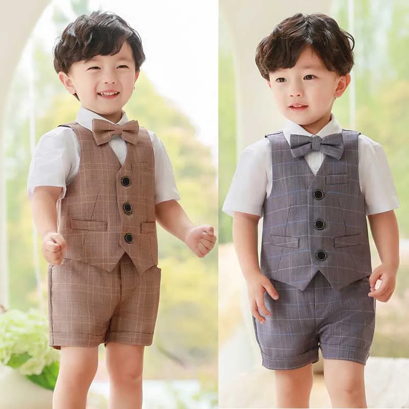 

2024 Boys Summer Vest Shirt Shorts Bowtie Photograph Suit Children Wedding Dress School Kids Kindergarten Performance Uniform