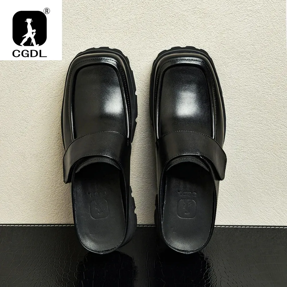 

Italian Luxury Mens Half Shoes 5.5 Cm High Heels Genuine Leather Handmade Fashion 2025 Summer Casual Business Sandals Shoes Male