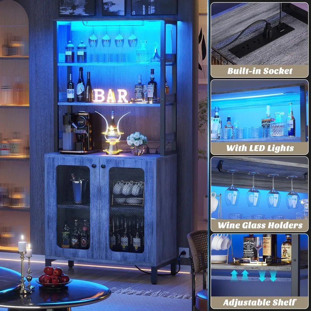 Armário de bar com tomadas de energia, armário alto de bar de vinho de 67 anos, armário de bebidas com luzes LED e suporte de vidro, estação de bar de café.