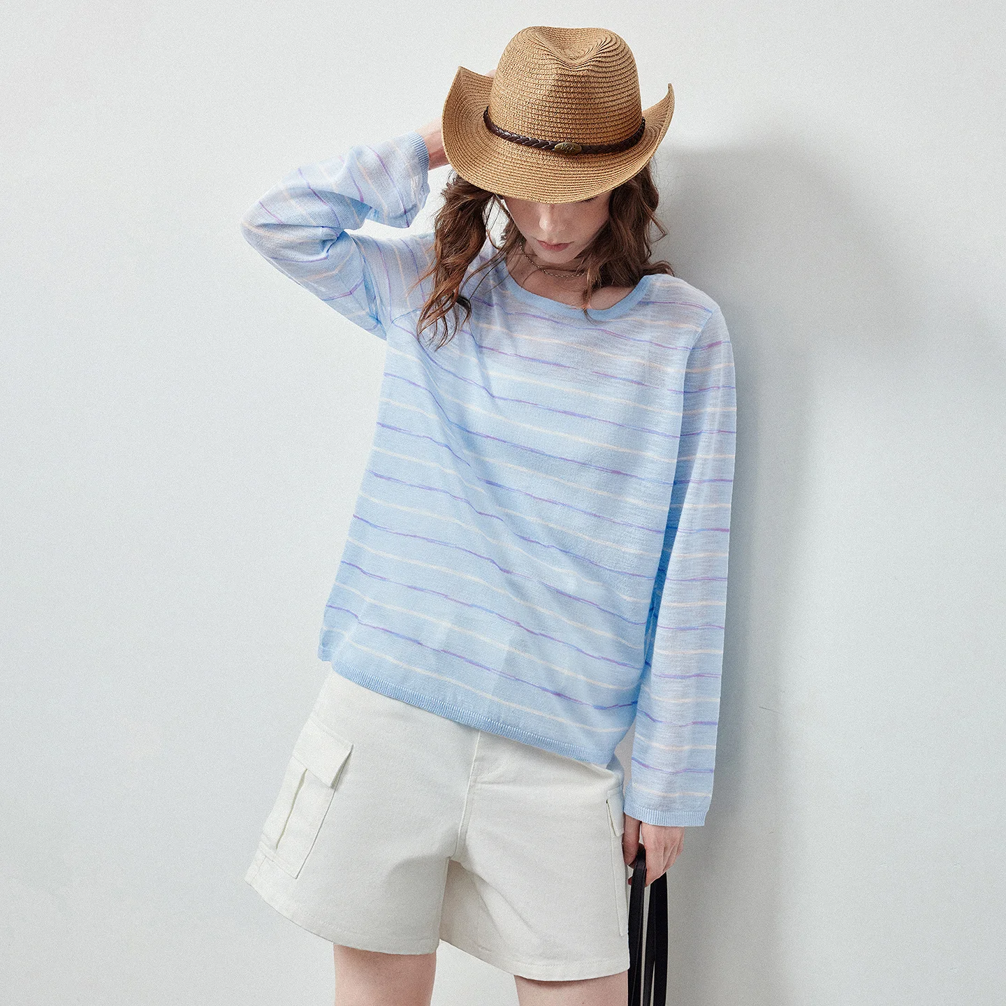 TOYOUTH Women Knitwear Top 2026 Summer New Slub Linen Stripe Sheer Loose Drop Shoulder Back Slit Casual Tops