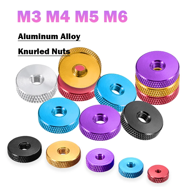 

M3 M4 M5 M6 Aluminum Alloy Flat Knurled Thumb Nuts Diamond Knurled Nut Flat Head Through Hole Lock Adjusting Nuts for 3D Printer