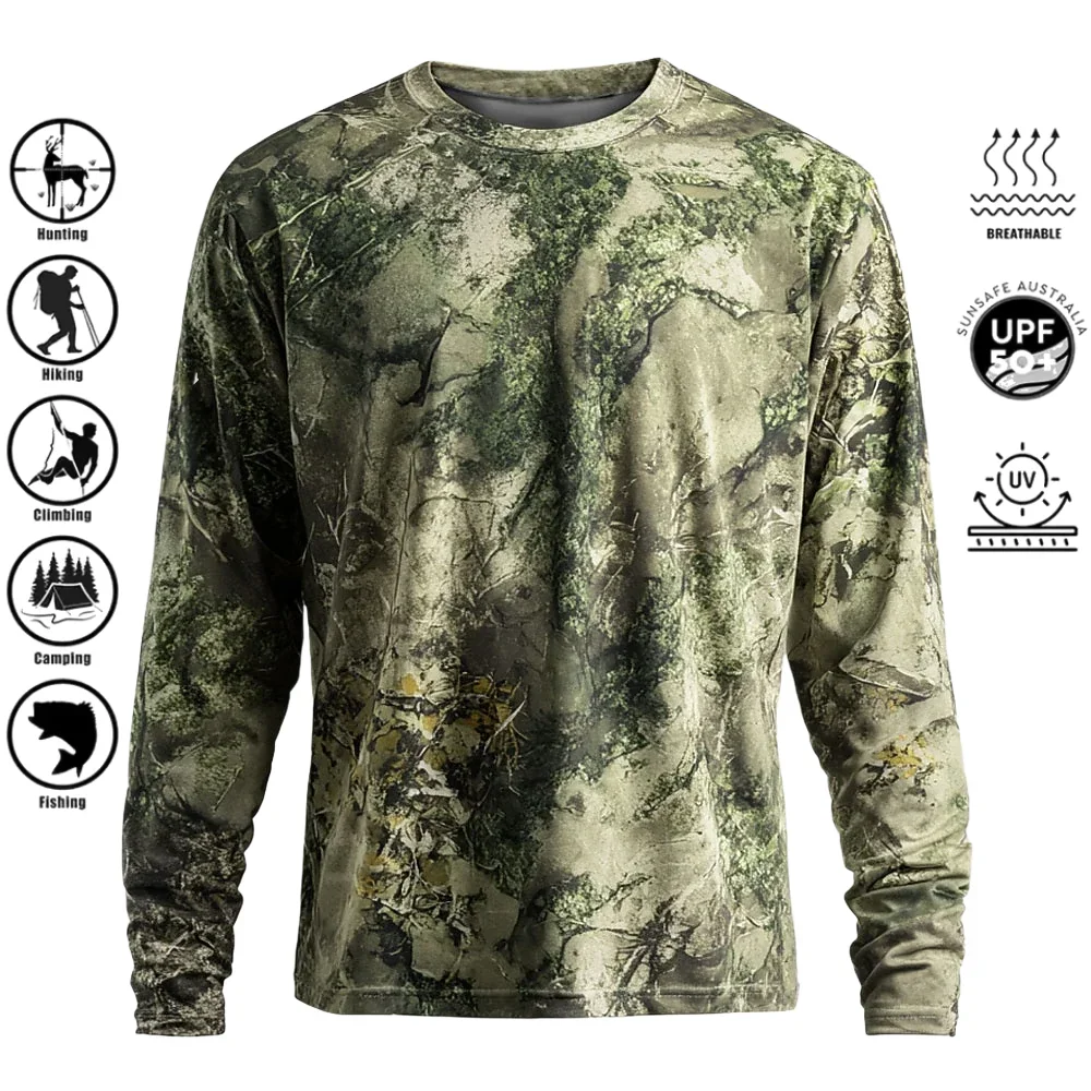 Men Long Sleeve T-shirt Polyester 3D Print Camo UPF50+ UV Protection Crew Neck Breathable Fishing Hunting Hiking Outdoor Tops