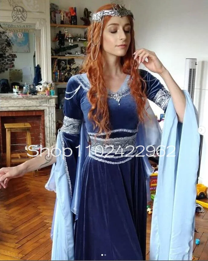 Navy Blue Velvet Medieval Prom Dresses with Fairy Long Sleeve Silver Lace Embroidery Fantasy Crimson  Cosplay Evening Gown