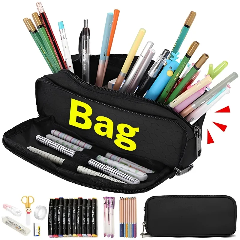 

Large Capacity Black Simple Pencil Case Marker Pen Refillls Eraser Stationery Storage Pouch Bag School Office Organizer