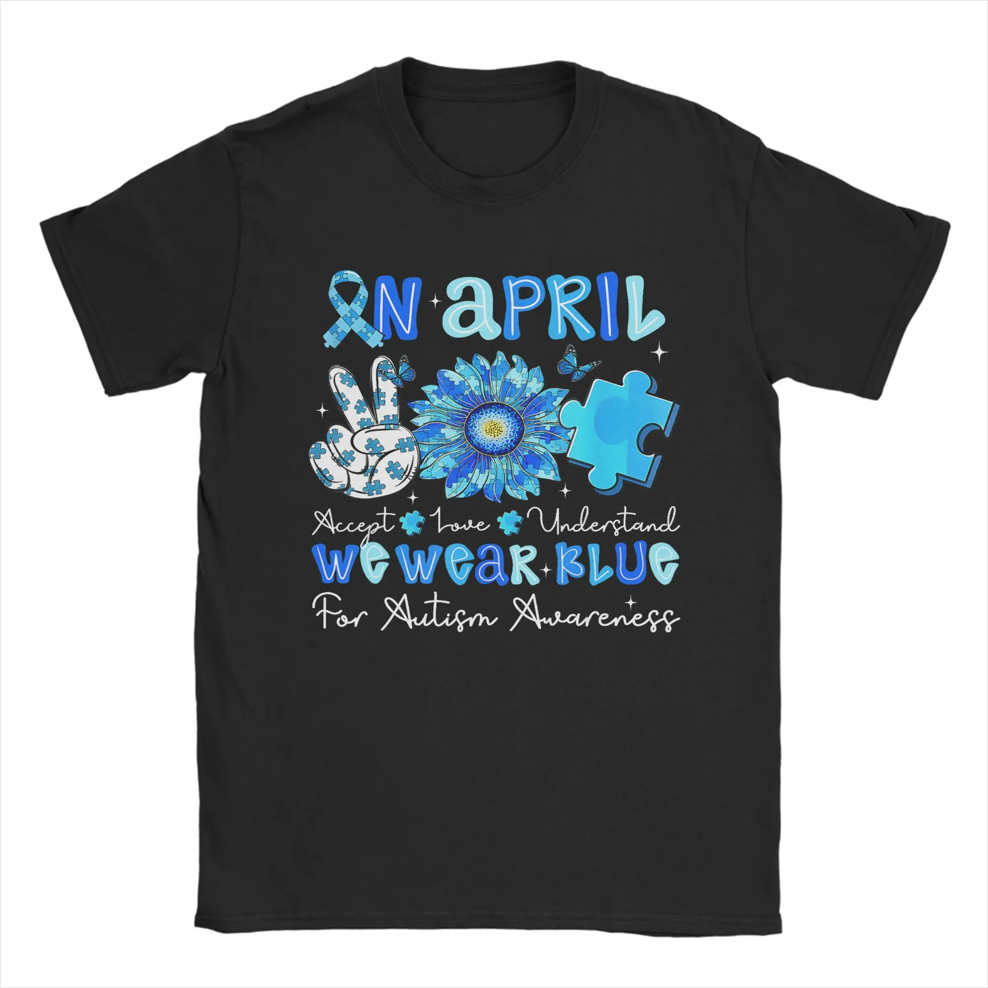 Vintage April We Wear Blue Autism Awareness T-Shirts for Men Crew Neck Pure Cotton T Shirts  Short Sleeve Tee Shirt Printed Tops
