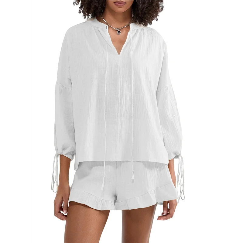 ABP-Damen-Shorts-Set, zweiteiliges, langärmliges Bindeoberteil und gerüschte Boxershorts, passendes Freizeit-Set