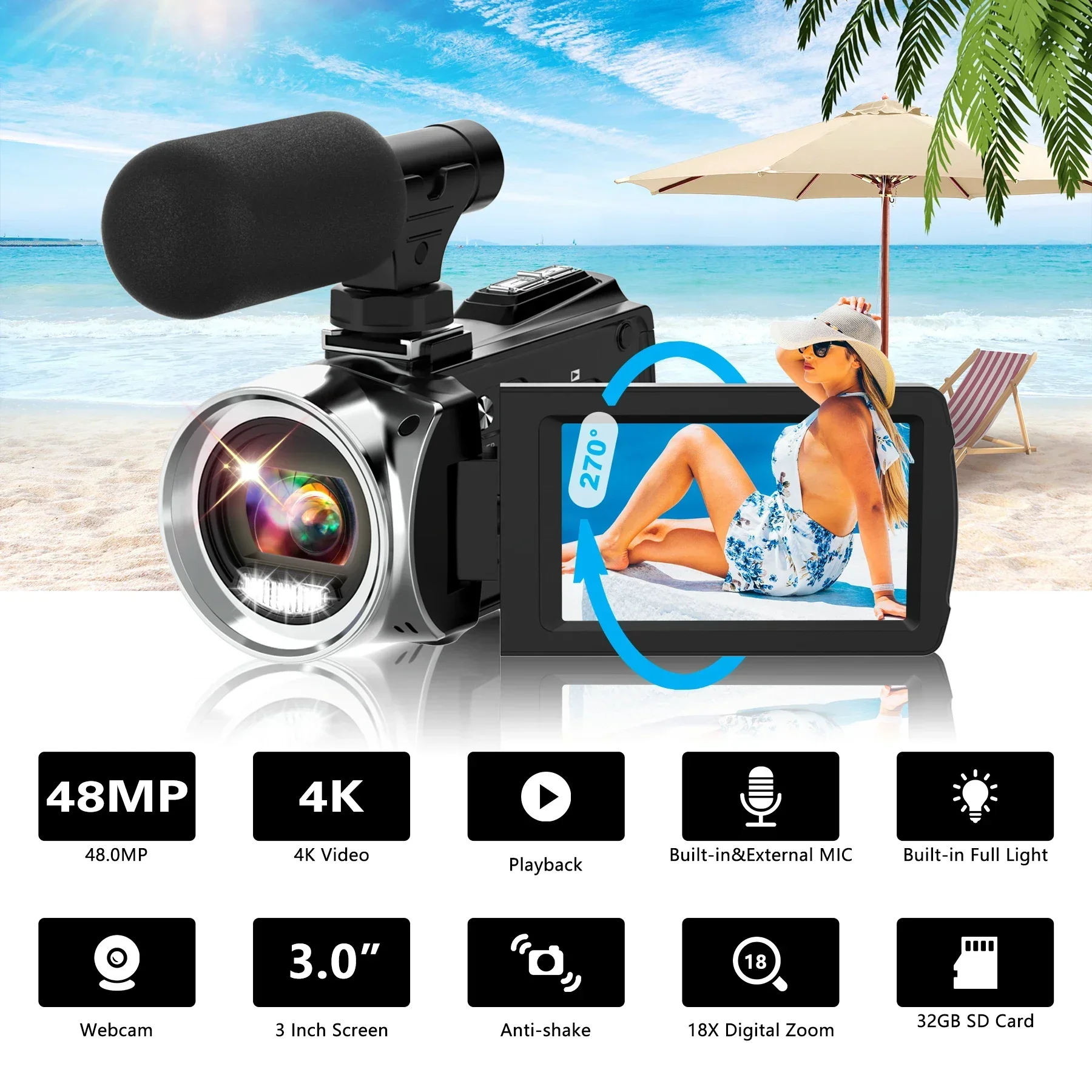 4k HD Dight Camera Electronic Anti Shake Handheld with Microphone18x Zoom Infrared Vlogging Video 48mp Portable Vlog Camcorder