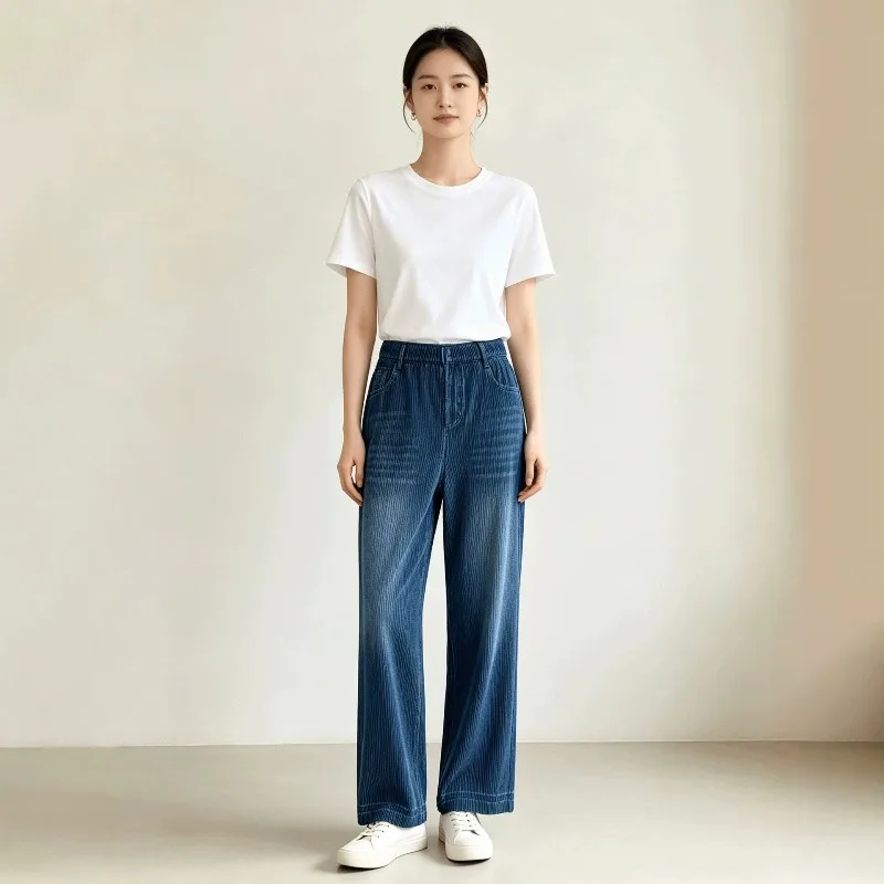 Miyake Pleated 2026 New Faux Denim Straight Pants Retro Washed Distressed Texture Elastic Waist Slimming Wide Leg Women's Pants