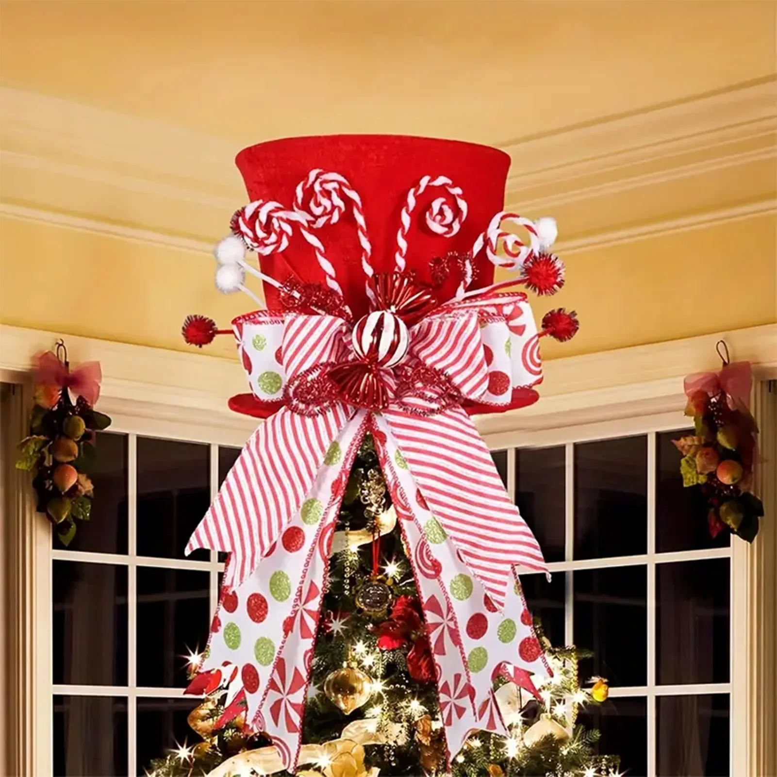 

20cm Christmas Tree Topper Decoration Creative Red Bow Witch Hat Festival Ornament Exquisite Christmas Party Decoration Props
